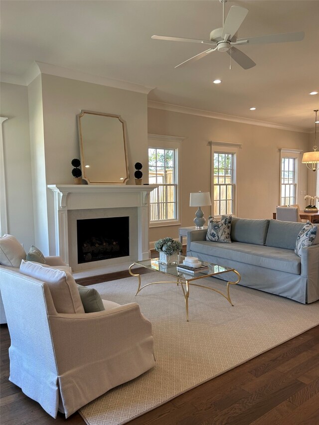 living area featuring a fireplace, crown molding, ceiling fan, and dark wood-style flooring