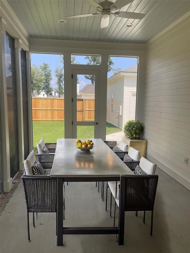 sunroom / solarium with wood ceiling and ceiling fan