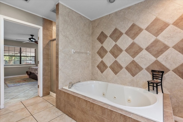 bathroom with tile flooring, independent shower and bath, ceiling fan, and crown molding