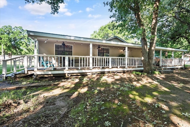 back of house featuring ceiling fan and a wooden deck