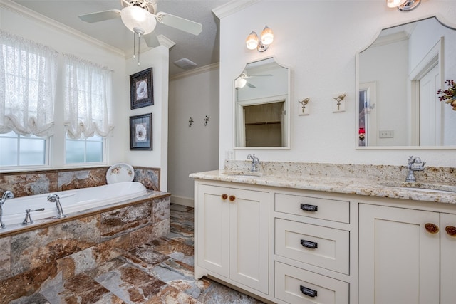 bathroom with ornamental molding, double sink, oversized vanity, a relaxing tiled bath, and ceiling fan