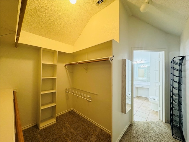 walk in closet featuring vaulted ceiling and carpet floors