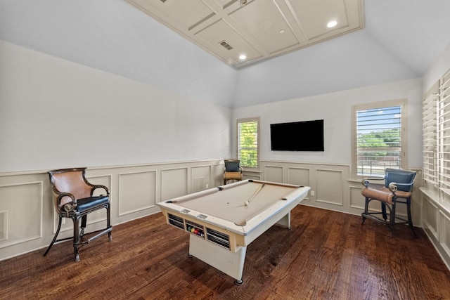 recreation room featuring dark hardwood / wood-style floors, billiards, and vaulted ceiling