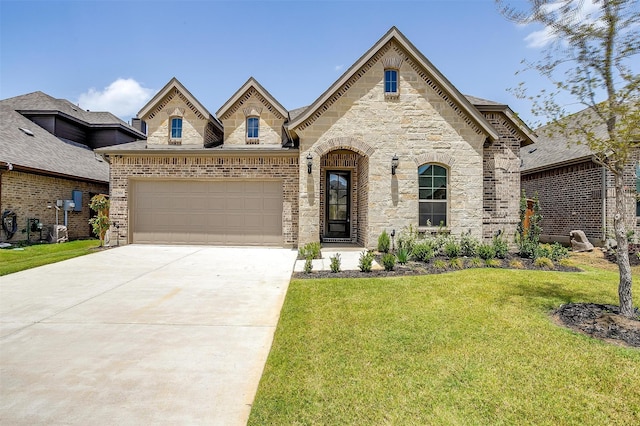 view of front of house with a garage and a front lawn