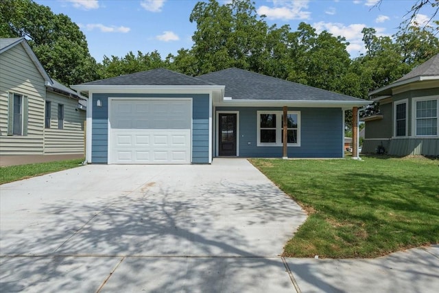 ranch-style home with driveway, a front lawn, roof with shingles, and an attached garage