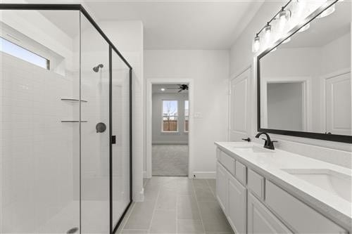 bathroom with vanity and walk in shower