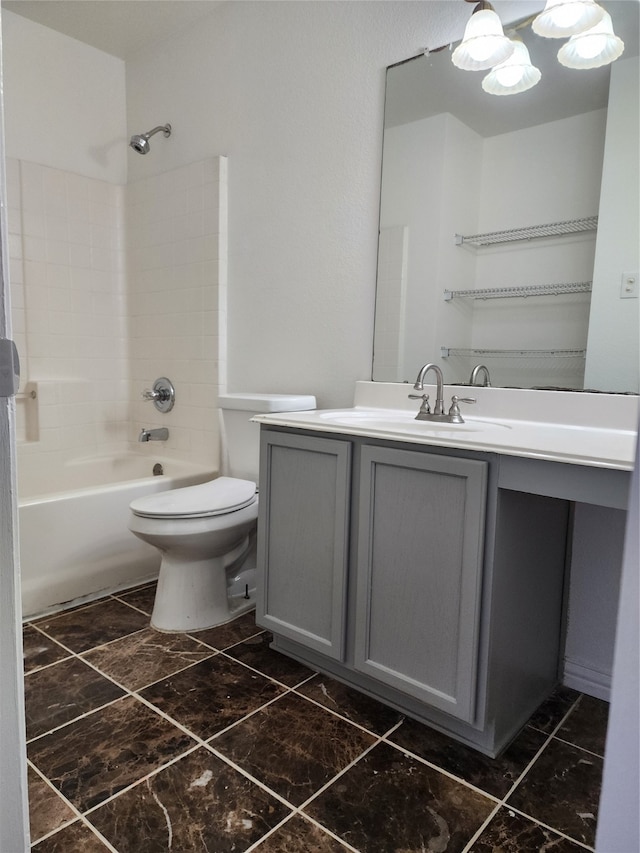 full bathroom featuring shower / bath combination, vanity, toilet, and tile floors