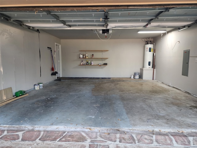 garage with a garage door opener and water heater