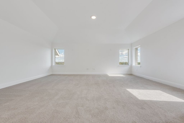 empty room with light carpet, a wealth of natural light, and vaulted ceiling