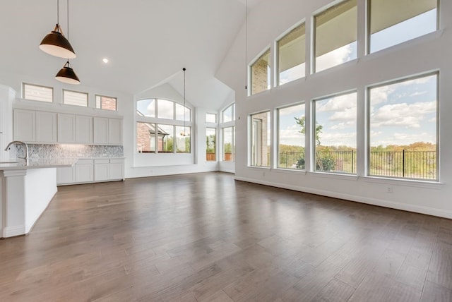 unfurnished living room with dark hardwood / wood-style flooring, high vaulted ceiling, and sink