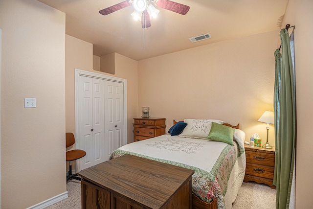 bedroom featuring carpet flooring, a closet, and ceiling fan