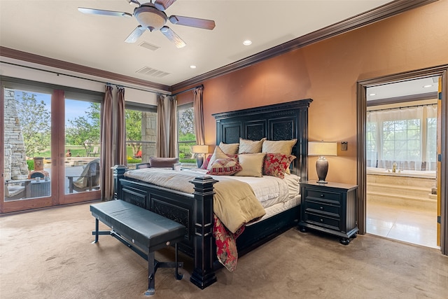 bedroom featuring light carpet, crown molding, access to exterior, and ceiling fan