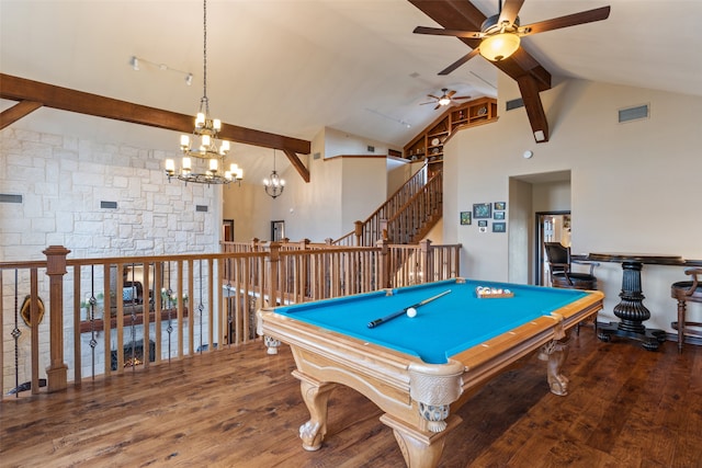 game room with hardwood / wood-style flooring, billiards, and beam ceiling