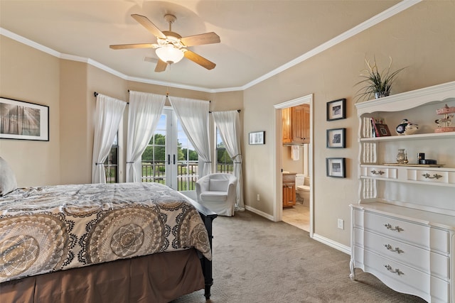 bedroom featuring ensuite bathroom, crown molding, light colored carpet, access to exterior, and ceiling fan