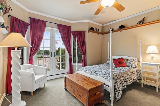 bedroom with ceiling fan, carpet floors, french doors, and access to outside