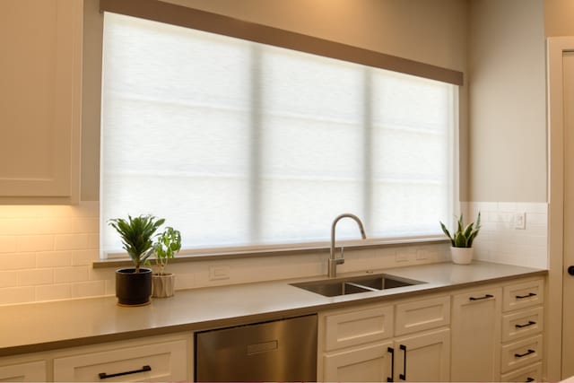 kitchen featuring white cabinets, sink, tasteful backsplash, and stainless steel dishwasher