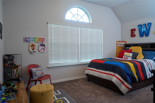 bedroom with carpet and lofted ceiling