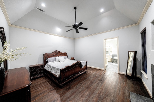 bedroom featuring ceiling fan, connected bathroom, dark hardwood / wood-style floors, ornamental molding, and vaulted ceiling