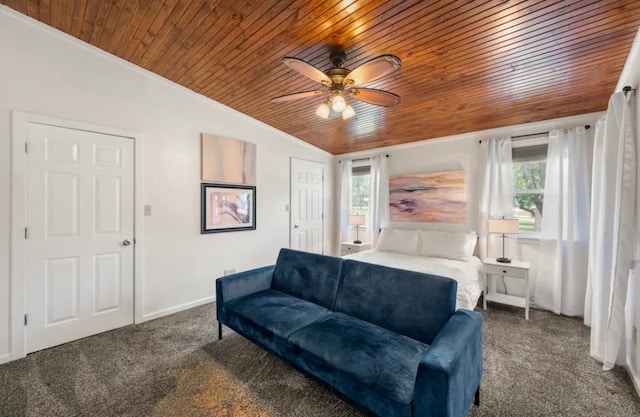 bedroom featuring dark carpet, crown molding, wooden ceiling, vaulted ceiling, and ceiling fan