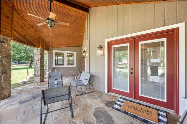 property entrance with ceiling fan and french doors