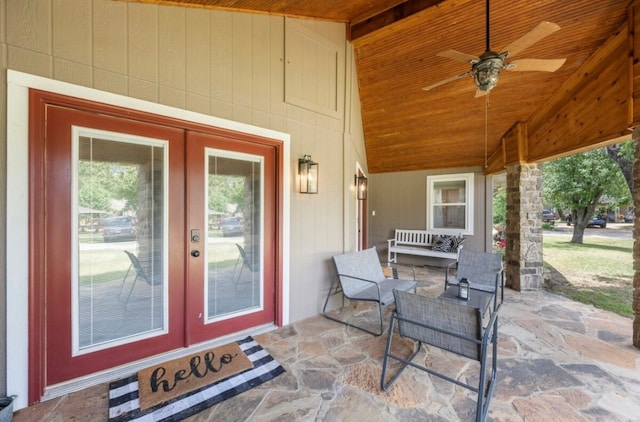 view of terrace with a porch and ceiling fan