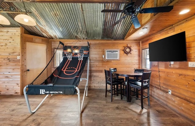 interior space featuring wood-type flooring, ceiling fan, wooden ceiling, and lofted ceiling