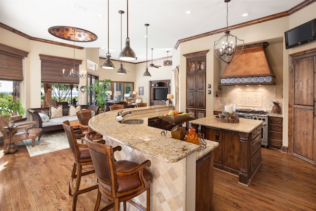 kitchen featuring tasteful backsplash, premium range hood, high end stove, a kitchen island with sink, and decorative light fixtures