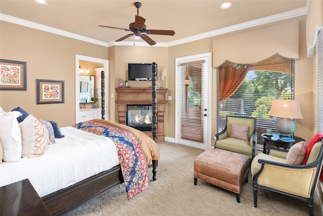 carpeted bedroom with access to outside, ensuite bathroom, ceiling fan, and ornamental molding