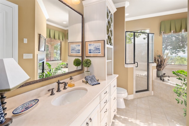 full bathroom with plus walk in shower, tile patterned floors, crown molding, toilet, and vanity