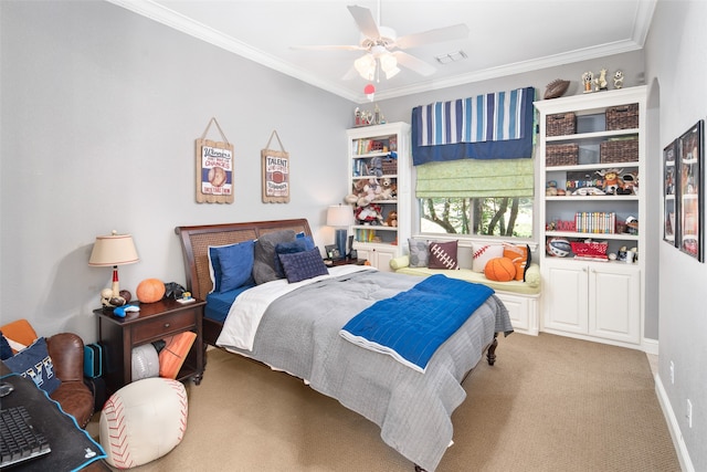 bedroom with ceiling fan, crown molding, and light colored carpet