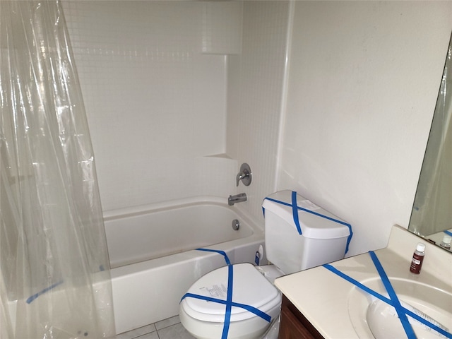 full bathroom featuring vanity, shower / bathtub combination with curtain, toilet, and tile flooring