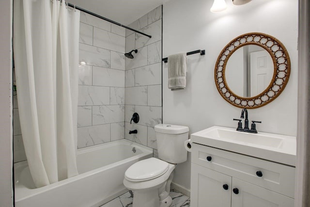 full bathroom with tile floors, vanity, toilet, and shower / bathtub combination with curtain