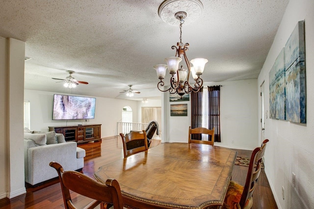 dining room featuring hardwood / wood-style flooring, ceiling fan with notable chandelier, and a textured ceiling