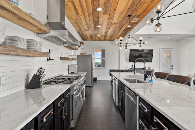 kitchen featuring sink, stainless steel appliances, decorative light fixtures, wooden ceiling, and exhaust hood