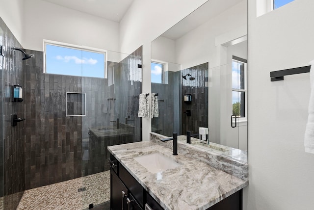 bathroom featuring vanity and an enclosed shower