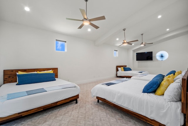 bedroom featuring beam ceiling, light colored carpet, and ceiling fan