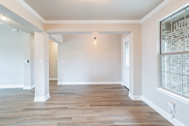 spare room featuring hardwood / wood-style flooring and ornamental molding