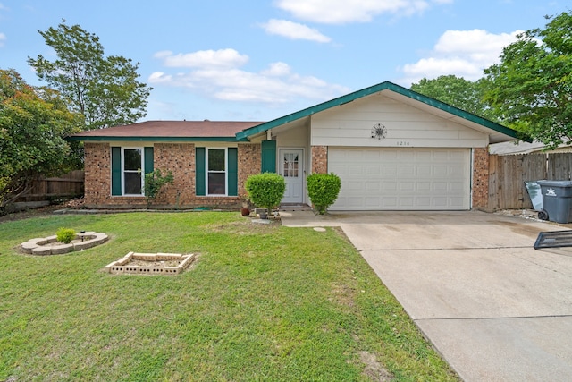 ranch-style house with a garage and a front yard