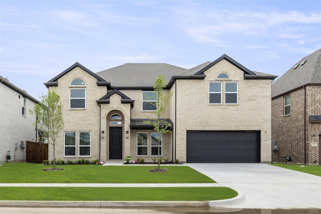 french provincial home with a garage and a front lawn