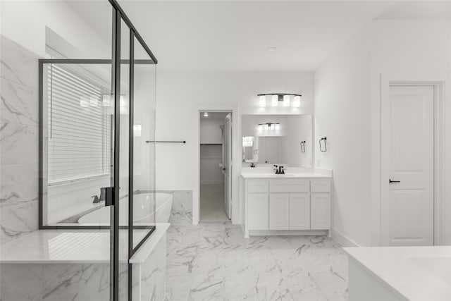 bathroom featuring vanity, shower with separate bathtub, and tile floors