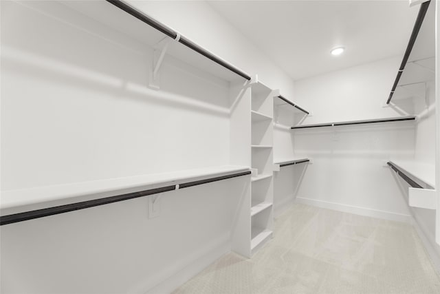 walk in closet with light carpet