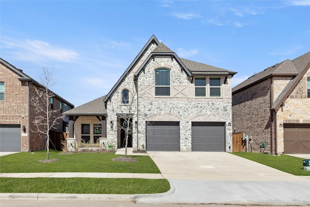 french country style house featuring a front yard, driveway, roof with shingles, a garage, and stone siding