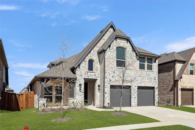 french country style house with a front lawn, an attached garage, fence, and stone siding