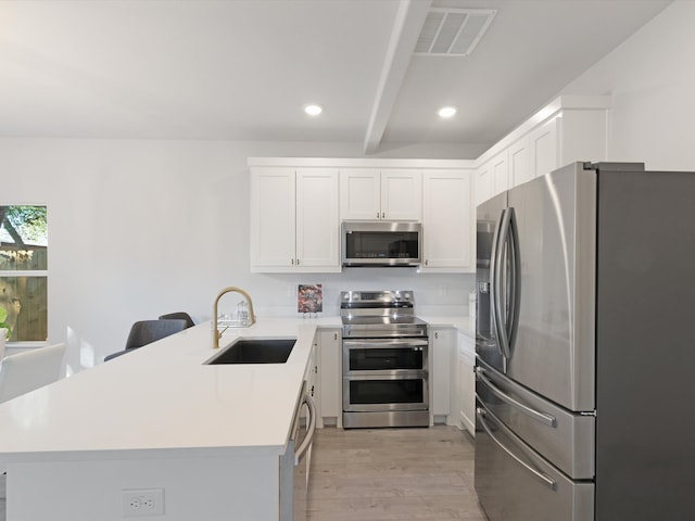 kitchen featuring stainless steel appliances, white cabinetry, sink, light hardwood / wood-style floors, and kitchen peninsula