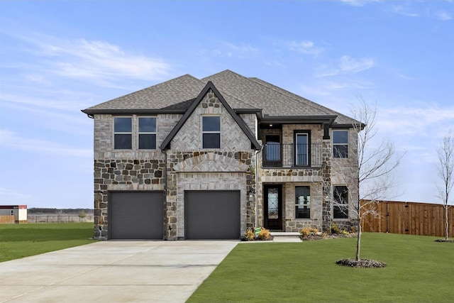 view of front of home featuring a garage, a balcony, and a front yard