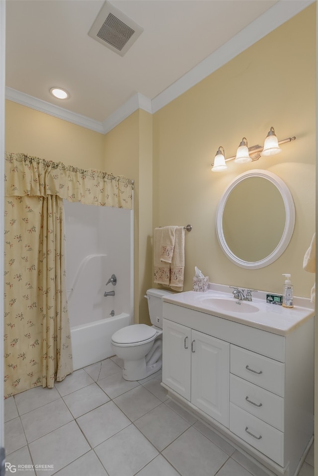 full bathroom with crown molding, vanity with extensive cabinet space, toilet, and tile flooring