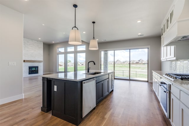 kitchen with sink, wood-type flooring, and white cabinetry