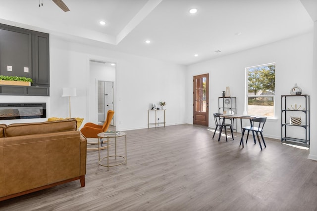 living area featuring baseboards, recessed lighting, and wood finished floors
