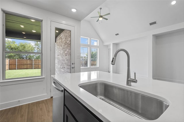 kitchen with vaulted ceiling, ceiling fan, plenty of natural light, and sink