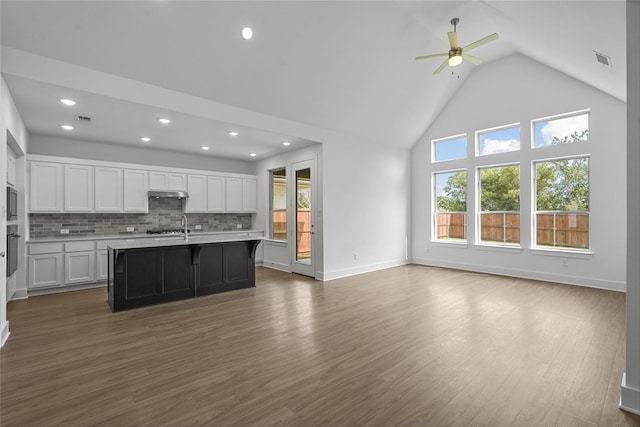 kitchen with an island with sink, white cabinets, dark hardwood / wood-style flooring, ceiling fan, and plenty of natural light